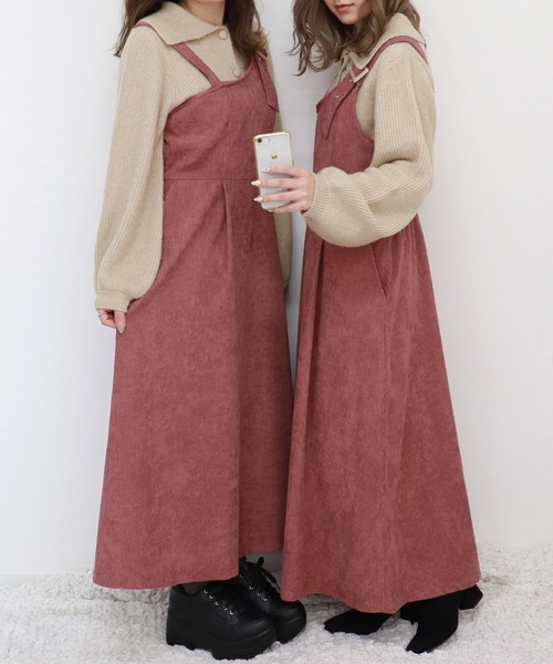 PairPair(ペアペア)の「コーデュロイワンショル風ジャンスカ(ジャンパースカート・レディース・ピンク/アイボリー/モカ・FREE)」の3枚目の写真