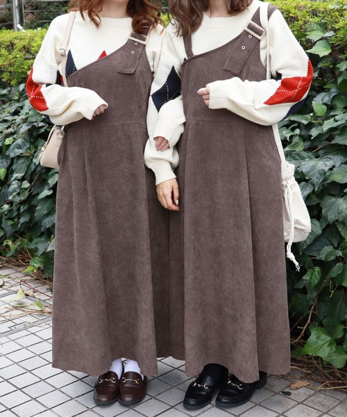 PairPair(ペアペア)の「コーデュロイワンショル風ジャンスカ(ジャンパースカート・レディース・ピンク/アイボリー/モカ・FREE)」の1枚目の写真