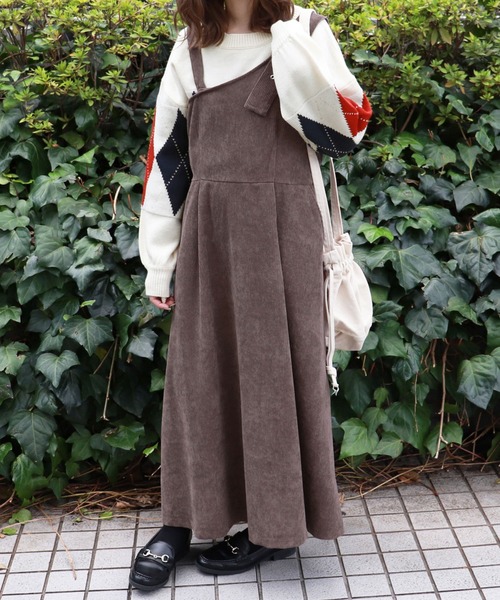PairPair(ペアペア)の「コーデュロイワンショル風ジャンスカ(ジャンパースカート・レディース・ピンク/アイボリー/モカ・FREE)」の4枚目の写真