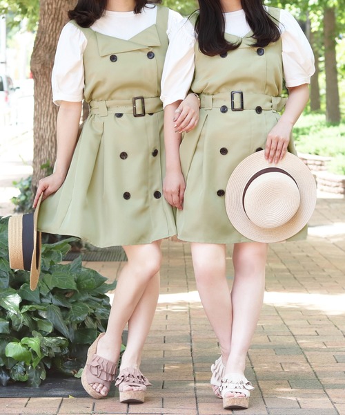 PairPair（ペアペア）の「トレンチ風ジャンスカ（ジャンパースカート・レディース・ライトグリーン/ライトベージュ・FREE）」の4枚目の写真