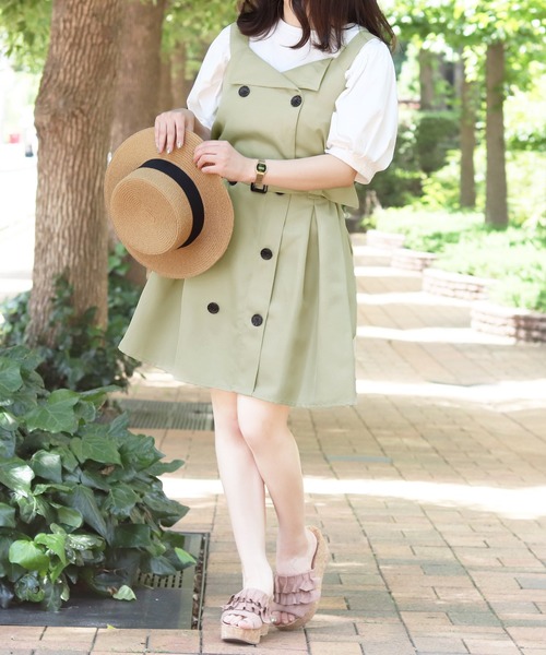 PairPair（ペアペア）の「トレンチ風ジャンスカ（ジャンパースカート・レディース・ライトグリーン/ライトベージュ・FREE）」の5枚目の写真