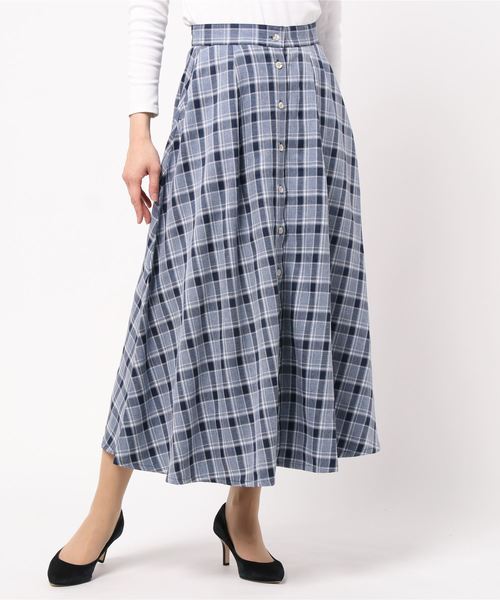 STYLEBLOCK（スタイルブロック）の「先染めチェックフロントボタンフレアスカート（スカート・レディース・ネイビー/ライトベージュ/サックスブルー/ピンク・M）」の2枚目の写真