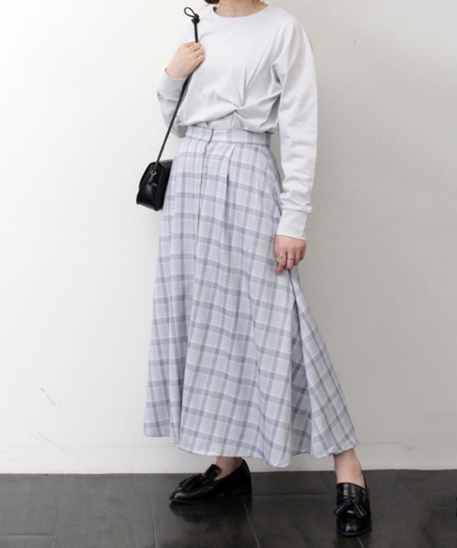 STYLEBLOCK（スタイルブロック）の「先染めチェックフロントボタンフレアスカート（スカート・レディース・ネイビー/ライトベージュ/サックスブルー/ピンク・M）」の3枚目の写真