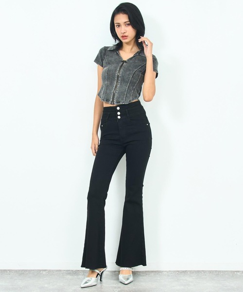 ストレッチハイウエストフレアパンツ 黒 WEGO（ウィゴー）の「WEGO/ハイウエストストレッチフレアパンツ