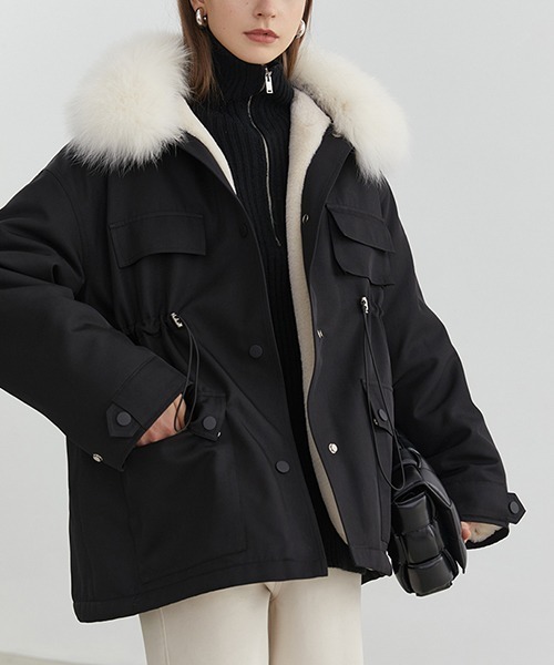 Fano Studios(ファノ ストゥディオズ)の「【Fano Studios】Fox fur military boa jacket FD20W244(ミリタリージャケット・レディース・ベージュ/ブラック・M/L/S)」の2枚目の写真