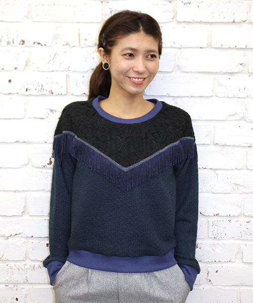 mystic（ミスティック）の「フリンジ付ニットソープルオーバー（Tシャツ/カットソー・レディース・オフホワイト/ブラック/ベージュ/ネイビー・FREE）」の4枚目の写真