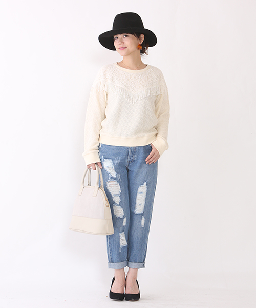 mystic（ミスティック）の「フリンジ付ニットソープルオーバー（Tシャツ/カットソー・レディース・オフホワイト/ブラック/ベージュ/ネイビー・FREE）」の5枚目の写真