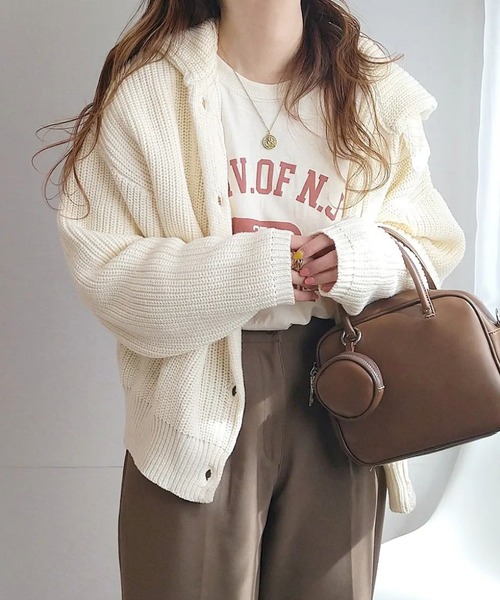 CIENA(シエナ)の「衿付きニットカーディガン(カーディガン/ボレロ・レディース・ブラック/ベージュ/オフホワイト・FREE)」の2枚目の写真