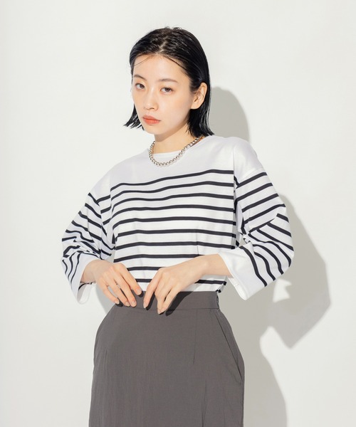 N.O.R.C by the line（ノークバイザライン）の「パネルボーダープルオーバー（Tシャツ/カットソー・レディース・キャメル/ホワイト/ブルー・M/L/XXL/S）」の2枚目の写真