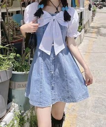 リボン付半袖デニムワンピース