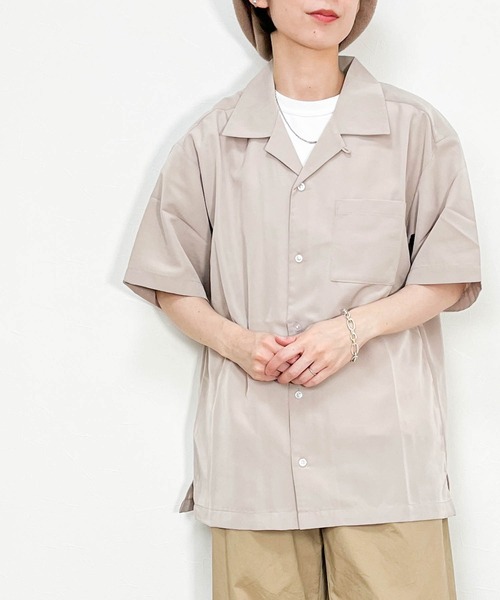 Ritzy（リッツィー）の「ポリ無地 オープンカラーシャツS/S レディース メンズ（シャツ/ブラウス・メンズ・グリーン/グレイッシュベージュ/サックスブルー/ブラック/モカ/ホワイト・LARGE/X-LARGE/MEDIUM）」の5枚目の写真