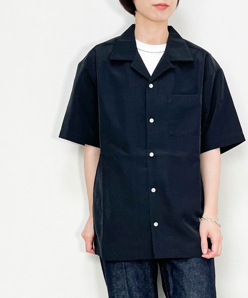 Ritzy（リッツィー）の「ポリ無地 オープンカラーシャツS/S レディース メンズ（シャツ/ブラウス・メンズ・グリーン/グレイッシュベージュ/サックスブルー/ブラック/モカ/ホワイト・LARGE/X-LARGE/MEDIUM）」の3枚目の写真