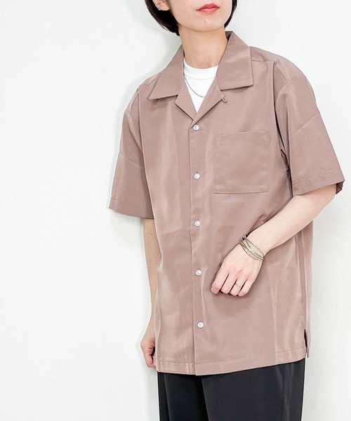 Ritzy（リッツィー）の「ポリ無地 オープンカラーシャツS/S レディース メンズ（シャツ/ブラウス・メンズ・グリーン/グレイッシュベージュ/サックスブルー/ブラック/モカ/ホワイト・LARGE/X-LARGE/MEDIUM）」の4枚目の写真