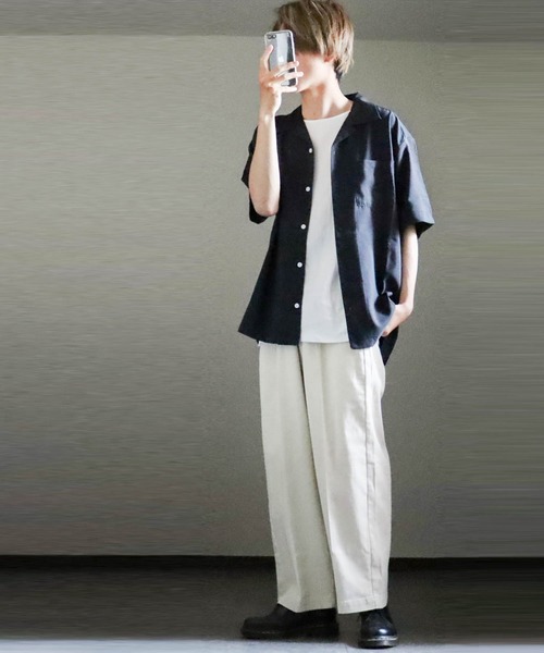 Ritzy（リッツィー）の「ポリ無地 オープンカラーシャツS/S レディース メンズ（シャツ/ブラウス・メンズ・グリーン/グレイッシュベージュ/サックスブルー/ブラック/モカ/ホワイト・LARGE/X-LARGE/MEDIUM）」の11枚目の写真
