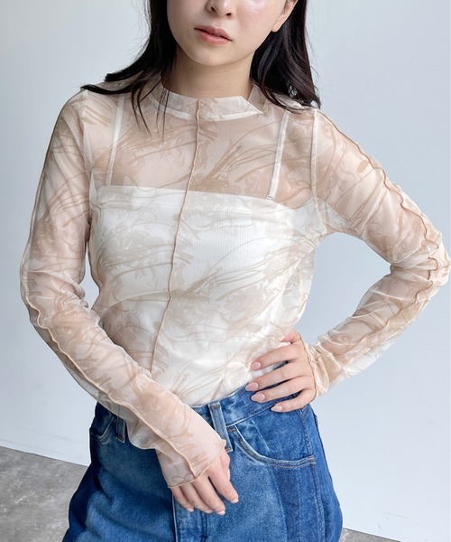 CPCM（シーピーシーエム）の「アソート柄シアーインナートップス 花柄 マーブル柄（シャツ/ブラウス・レディース・ブラック/ベージュ/パープル/ブルー/グリーン・FREE）」の2枚目の写真