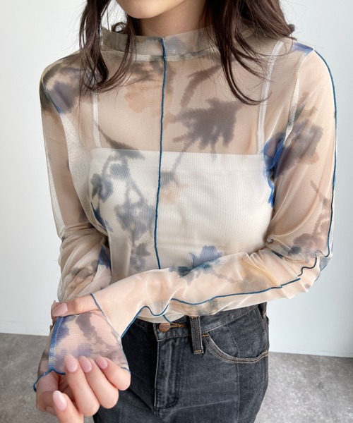 CPCM（シーピーシーエム）の「アソート柄シアーインナートップス 花柄 マーブル柄（シャツ/ブラウス・レディース・ブラック/ベージュ/パープル/ブルー/グリーン・FREE）」の4枚目の写真