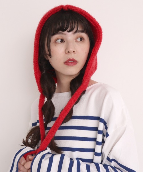 Dot＆Stripes CHILD WOMAN（ドットアンドストライプス　チャイルドウーマン）の「太番モヘヤあぜ つけフード（ハット・レディース・レッド/アイボリー・FREE）」の2枚目の写真