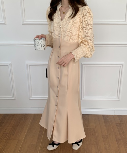 セール】バックリボンレース切替マーメイドワンピース（ワンピース  