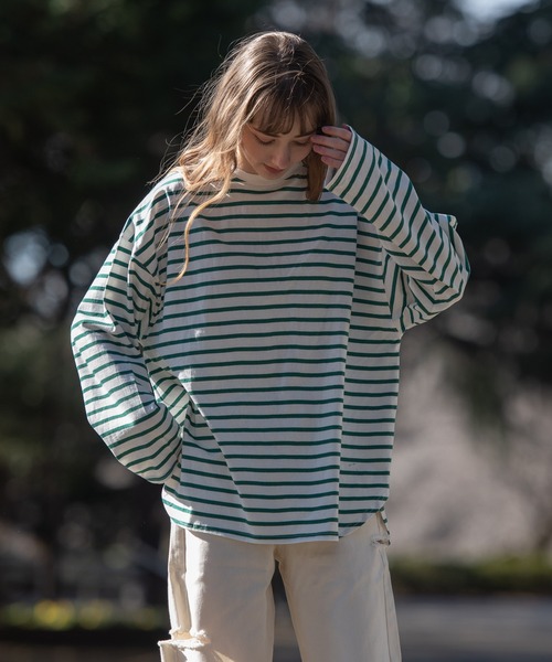 OUTDOOR PRODUCTS APPAREL（アウトドアプロダクツアパレル）の「ルーズシルエット　ボーダーロングTシャツ（Tシャツ/カットソー・レディース・ピンク/グリーン/ブラック/ブルー・MEDIUM）」の2枚目の写真