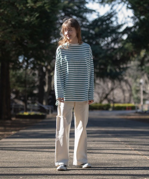 OUTDOOR PRODUCTS APPAREL（アウトドアプロダクツアパレル）の「ルーズシルエット　ボーダーロングTシャツ（Tシャツ/カットソー・レディース・ピンク/グリーン/ブラック/ブルー・MEDIUM）」の15枚目の写真
