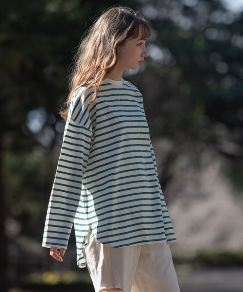 OUTDOOR PRODUCTS APPAREL（アウトドアプロダクツアパレル）の「ルーズシルエット　ボーダーロングTシャツ（Tシャツ/カットソー・レディース・ピンク/グリーン/ブラック/ブルー・MEDIUM）」の19枚目の写真