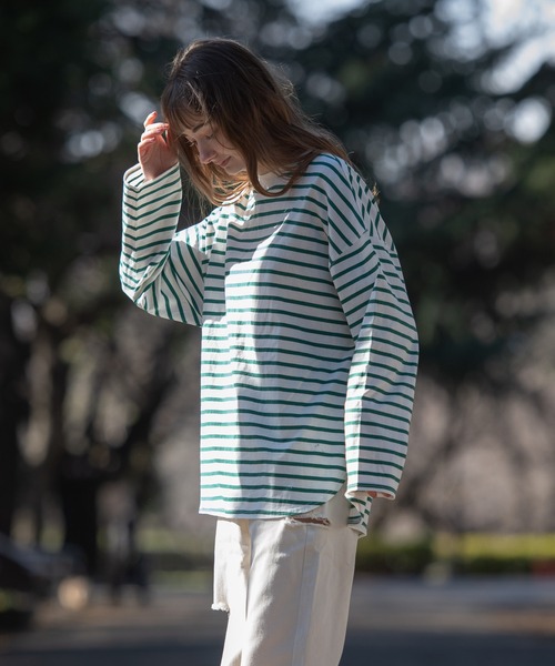 OUTDOOR PRODUCTS APPAREL（アウトドアプロダクツアパレル）の「ルーズシルエット　ボーダーロングTシャツ（Tシャツ/カットソー・レディース・ピンク/グリーン/ブラック/ブルー・MEDIUM）」の21枚目の写真
