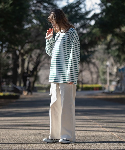 OUTDOOR PRODUCTS APPAREL（アウトドアプロダクツアパレル）の「ルーズシルエット　ボーダーロングTシャツ（Tシャツ/カットソー・レディース・ピンク/グリーン/ブラック/ブルー・MEDIUM）」の18枚目の写真