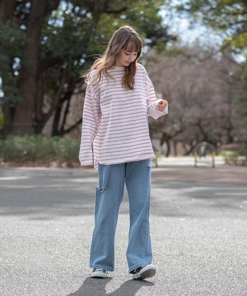 OUTDOOR PRODUCTS APPAREL（アウトドアプロダクツアパレル）の「ルーズシルエット　ボーダーロングTシャツ（Tシャツ/カットソー・レディース・ピンク/グリーン/ブラック/ブルー・MEDIUM）」の22枚目の写真