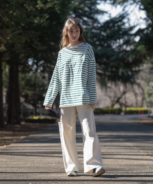 OUTDOOR PRODUCTS APPAREL（アウトドアプロダクツアパレル）の「ルーズシルエット　ボーダーロングTシャツ（Tシャツ/カットソー・レディース・ピンク/グリーン/ブラック/ブルー・MEDIUM）」の16枚目の写真