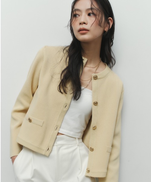 ZOZO限定】オリジナルボタンノーカラーニットジャケット（ノーカラー