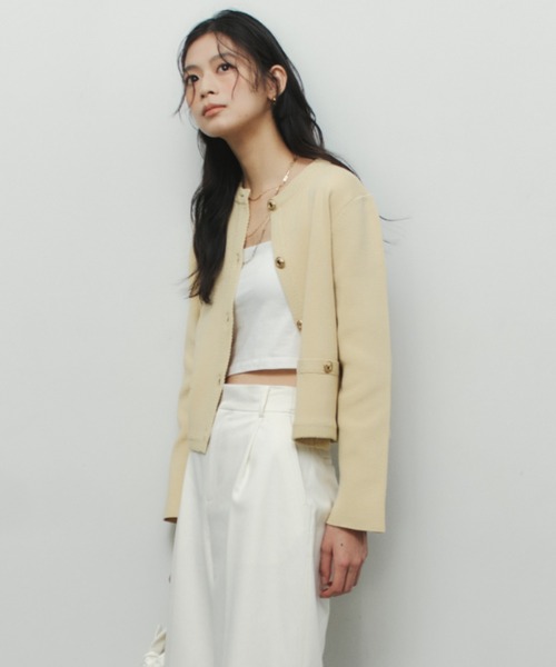 ZOZO限定】オリジナルボタンノーカラーニットジャケット（ノーカラー