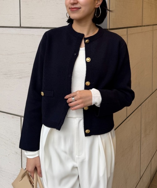 anuans アニュアンス　ノーカラーニットジャケット M サイズ　ネイビー 即日発送】anuans カシミヤブランドノーカラーニットジャケット