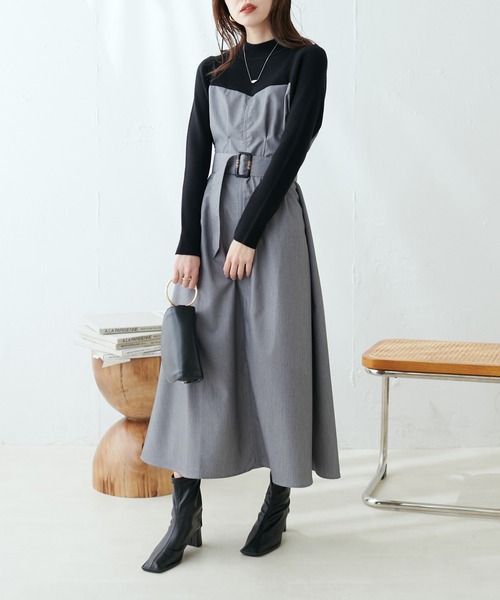 natural couture(ナチュラルクチュール)の「WEB限定/プチハイリブニットドッキングワンピース(ワンピース・レディース・ブラック系その他/ベージュ/ブラック・FREE)」の9枚目の写真