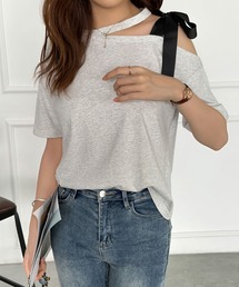 ワンショルダーリボンカットTシャツ