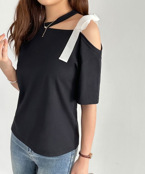 ECLIN(エクラン)の「ワンショルダーリボンカットTシャツ(Tシャツ/カットソー・レディース・グレー/ブルー/ブラック・M/L)」の19枚目の写真