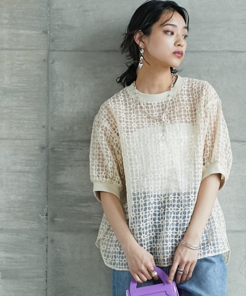 GEVS.(ジェイヴィス)の「<大きいサイズ> シアー刺しゅうブラウス GEVS.(シャツ/ブラウス・レディース・ブラック/ベージュ・4L/LL/L/3L/5L)」の1枚目の写真