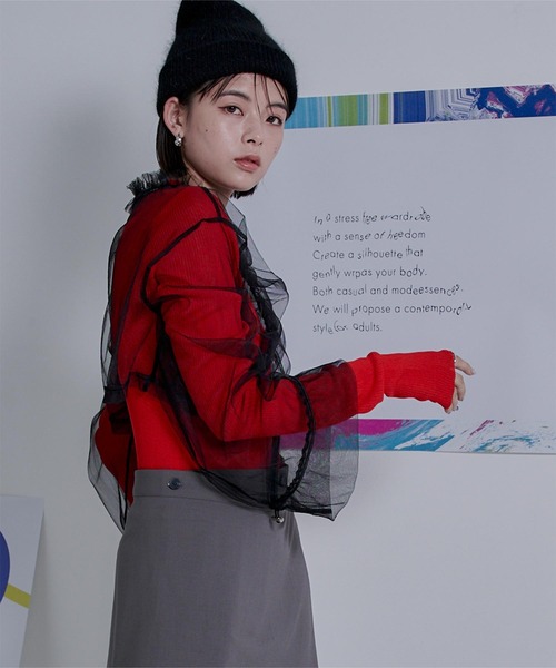 miette(ミエット)の「チュールギャザーシアーショートトップス(シャツ/ブラウス・レディース・カーキ/ブラック/オフホワイト/パープル・FREE)」の2枚目の写真