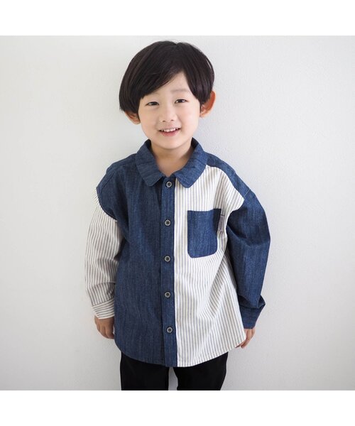 apres les cours(アプレレクール)の「【リンクコーデ可能】異素材切替シャツ(シャツ/ブラウス・キッズ・チェック/ストライプ・80/110/130/120/100/90)」の6枚目の写真