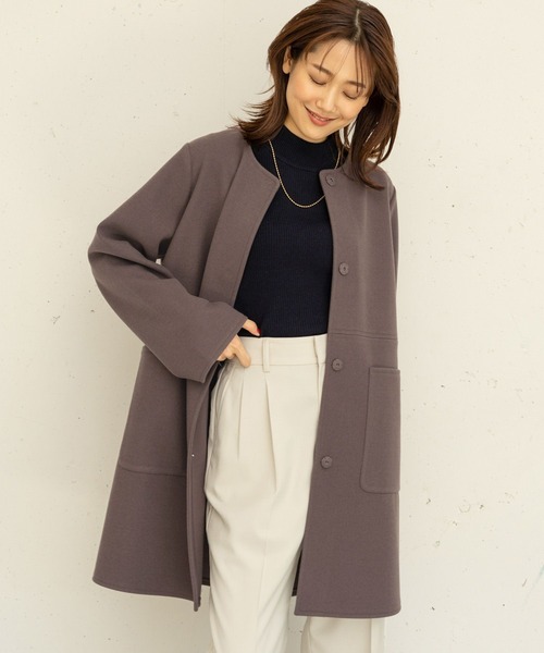 グローバルワーク ストレッチノーカラーコート M 杢モカ