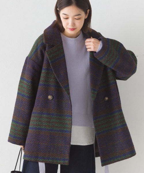 OMNES（オムネス）の「起毛リングチェックダブルテーラードジャケット（テーラードジャケット・レディース・グリーン/ブラウン/グレー・FREE）」の3枚目の写真