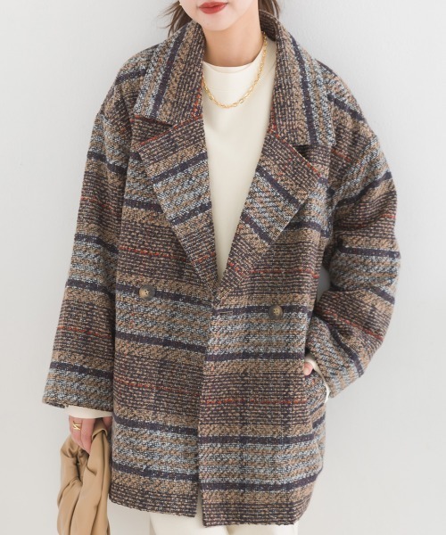 OMNES（オムネス）の「起毛リングチェックダブルテーラードジャケット（テーラードジャケット・レディース・グリーン/ブラウン/グレー・FREE）」の4枚目の写真