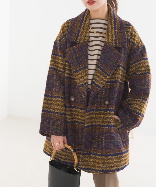 OMNES（オムネス）の「起毛リングチェックダブルテーラードジャケット（テーラードジャケット・レディース・グリーン/ブラウン/グレー・FREE）」の9枚目の写真