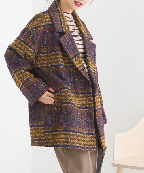 OMNES（オムネス）の「起毛リングチェックダブルテーラードジャケット（テーラードジャケット・レディース・グリーン/ブラウン/グレー・FREE）」の10枚目の写真