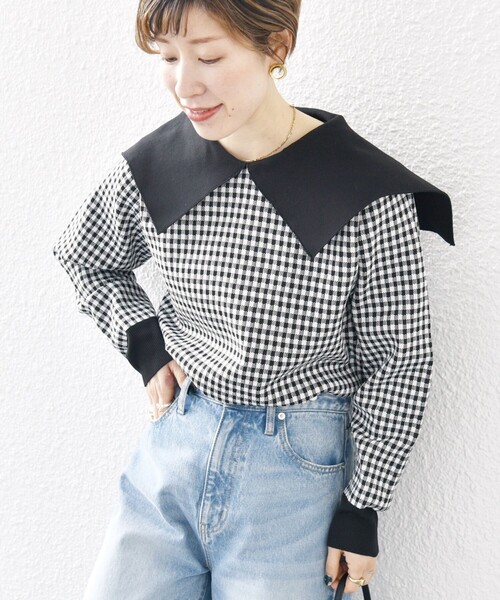 セール】SHIPS any: 〈手洗い可能〉ギンガム ジャカード セーラー