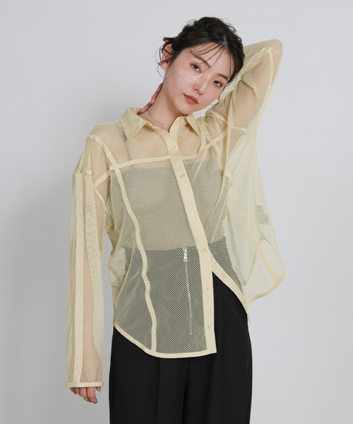 select MOCA(セレクトモカ)の「パイピングメッシュシャツ(シャツ/ブラウス・レディース・ブラック/アイボリー/ライトブラウン・FREE)」の1枚目の写真