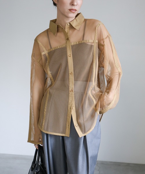 select MOCA(セレクトモカ)の「パイピングメッシュシャツ(シャツ/ブラウス・レディース・ブラック/アイボリー/ライトブラウン・FREE)」の3枚目の写真