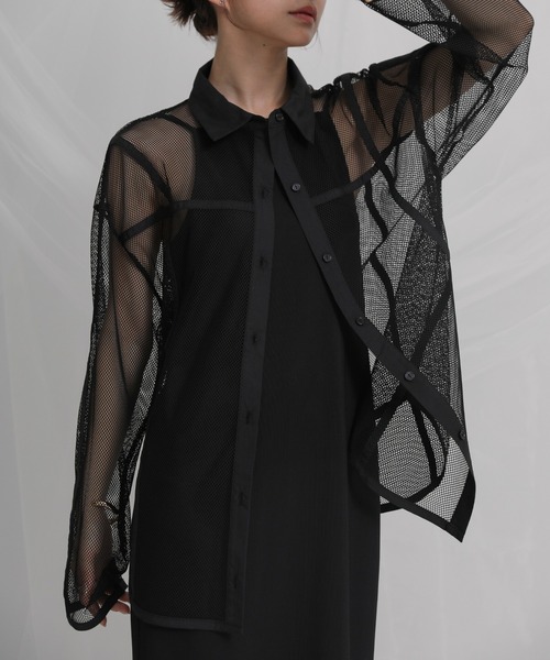 select MOCA(セレクトモカ)の「パイピングメッシュシャツ(シャツ/ブラウス・レディース・ブラック/アイボリー/ライトブラウン・FREE)」の2枚目の写真