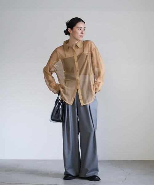 select MOCA(セレクトモカ)の「パイピングメッシュシャツ(シャツ/ブラウス・レディース・ブラック/アイボリー/ライトブラウン・FREE)」の12枚目の写真