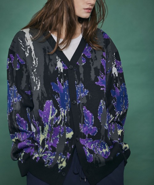 【Ameno Auro/アメノアウロ】ウォッシャブルアブストラクトフラワーカーディガン