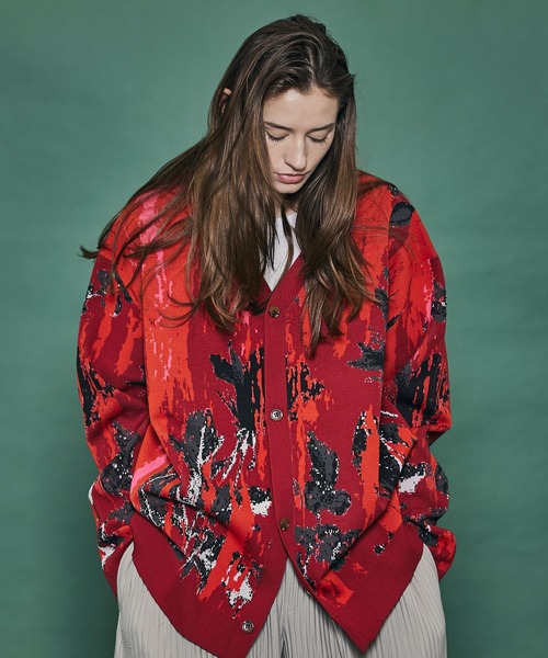 【Ameno Auro/アメノアウロ】ウォッシャブルアブストラクトフラワーカーディガン